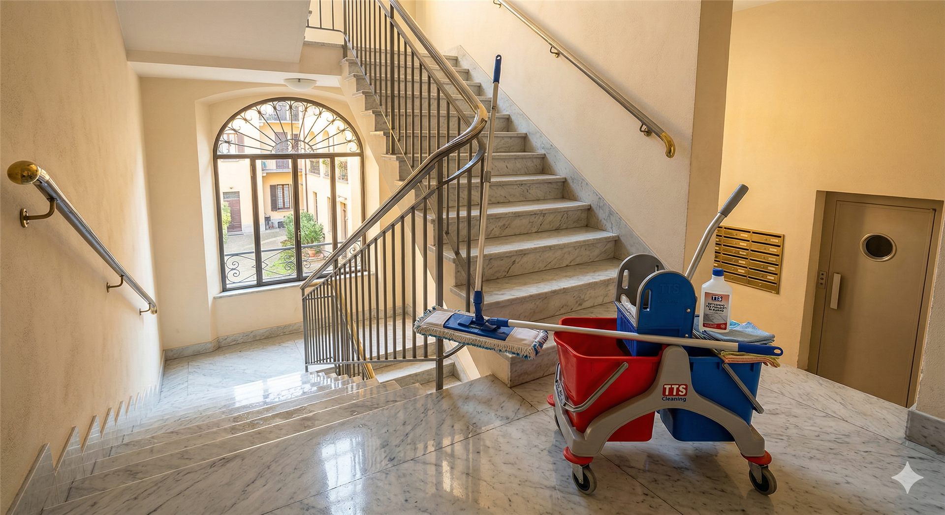 Lavaggio delle scale di un condominio a Bergamo