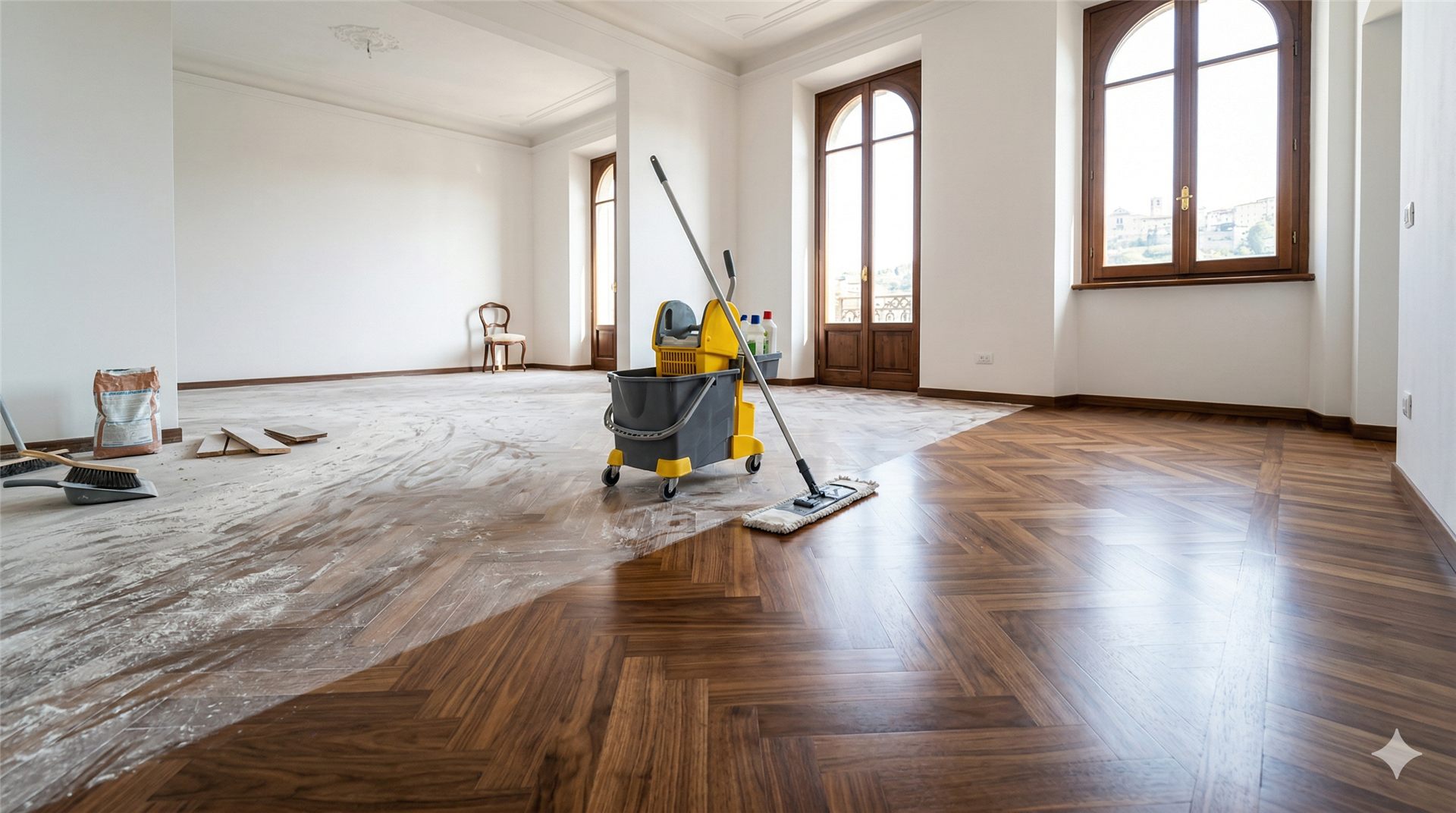 Pavimento in parquet a Bergamo: metà coperto di polvere di cantiere, metà pulito e lucido